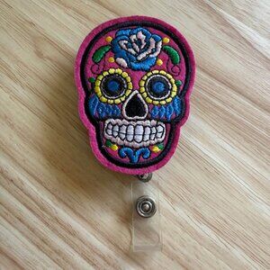 Vintage Dead Sugar Skull Retractable Reel Name Badge Holder w Clip Embroidered P